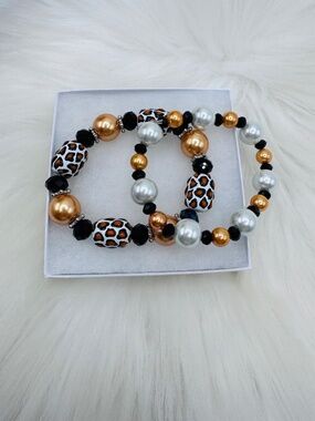 Chunky Leopard Print Beaded Bracelet faux Pearls Stretch Stack